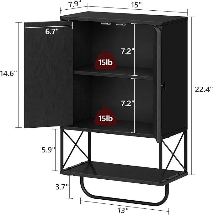 MAHANCRIS Bathroom Wall Cabinet with 2 Door and Adjustable Shelf, Farmhouse Medicine Cabinet with Towel Rack, 3-Tier Wall Mounted Storage Cabinet Over The Toilet for Bathroom Laundry Room, Black