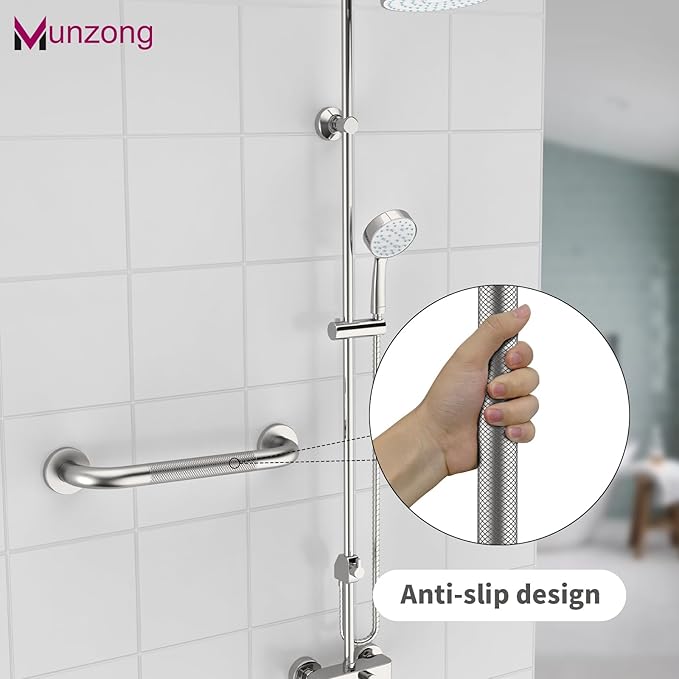 12 Inch Anti Slip Shower Safety Bars,Munzong Bathroom Grab Bars for Bathtubs and Showers,Brushed Nickel Knurled Handicap Balance Bar,Safety Hand Rail Support Elderly Senior Bath Handle