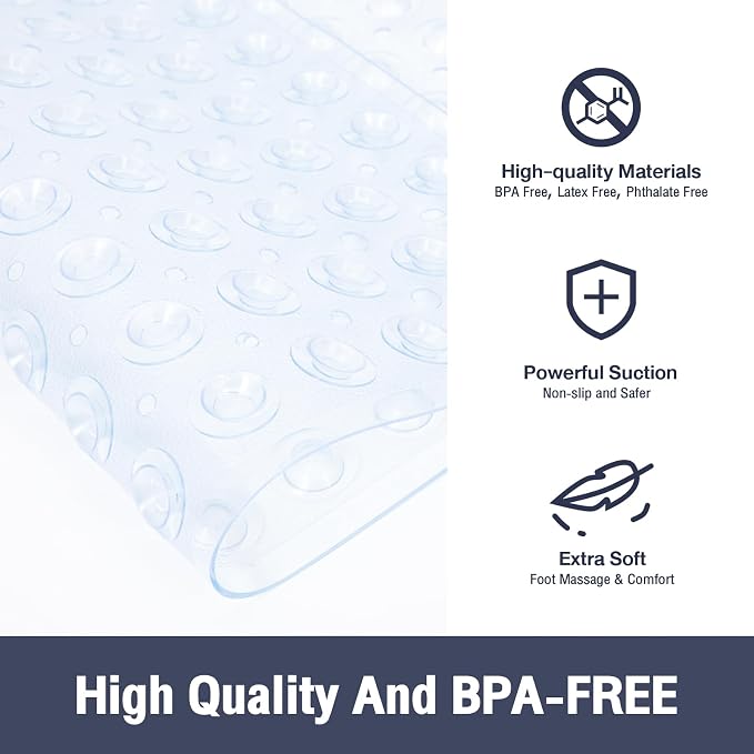 Clear Square Shower Mat Bathtub Mat Non Slip 21x21 Inch, Square Bath Mat for Inside Shower Tub, Shower Stall Mats for Bathroom Floor, Big Suction Cups Drain Hole, Easy Washable, BPA-Free