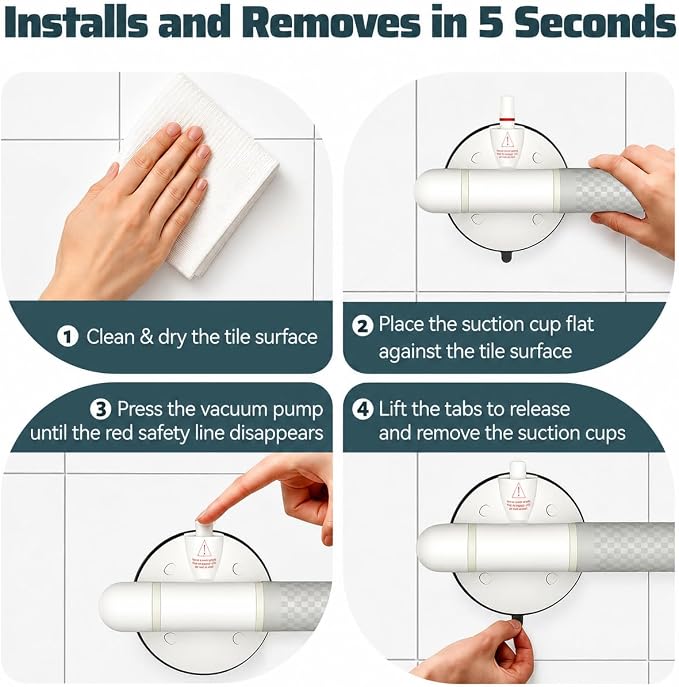 Suction Grab Bars for Showers and Bathtubs, Visible Red-Line Suction Indicator, Vacuum Pump Lock, Supports Up to 264 lbs, Non-Slip Grip, No-Drill & Removable, Ideal for Seniors, 14.37''/1-Pack