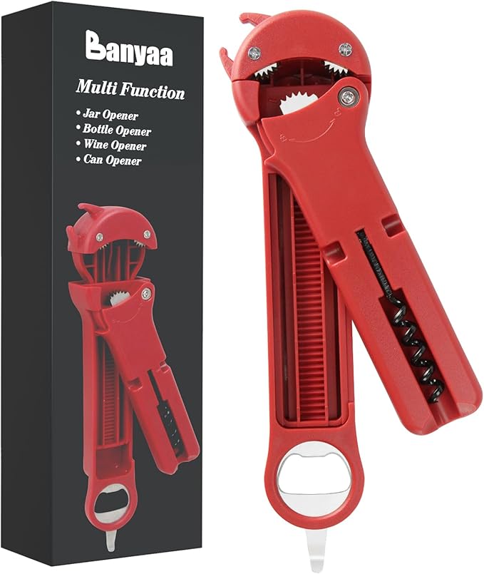 Jar Opener for Seniors with Arthritis, 7 in 1 Bottle Opener and Wine Corkscrew, Easy Grip Kitchen Gadget for Weak Hands Elderly, Retractable Jaw Lid Opener with Magnetic Storage (Red)