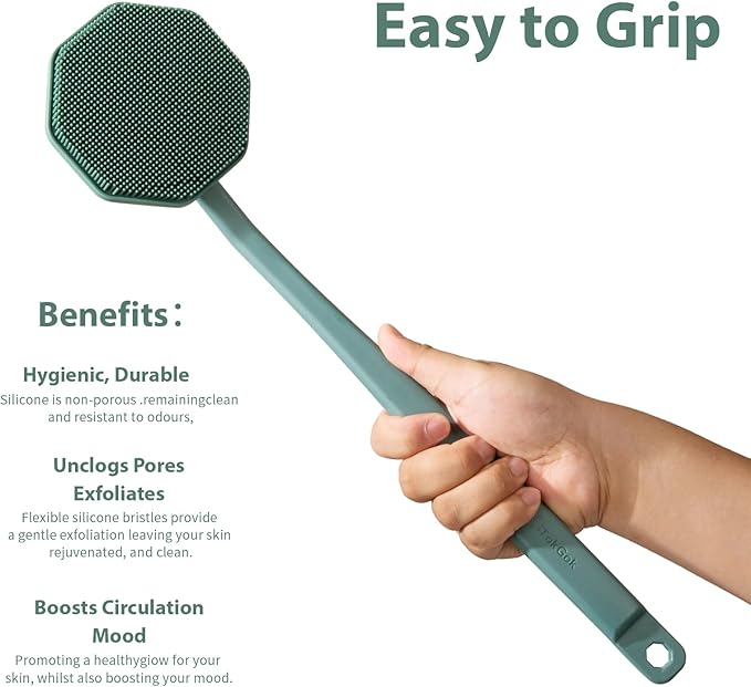 iTokGoK® Silver-Infused Silicone Back Scrubber with Long Handle Back Brush for Shower,Back Brush Long Handle for Men and Women,Ergonomic No-Slip Handle, Long-Lasting (Midnight Green)