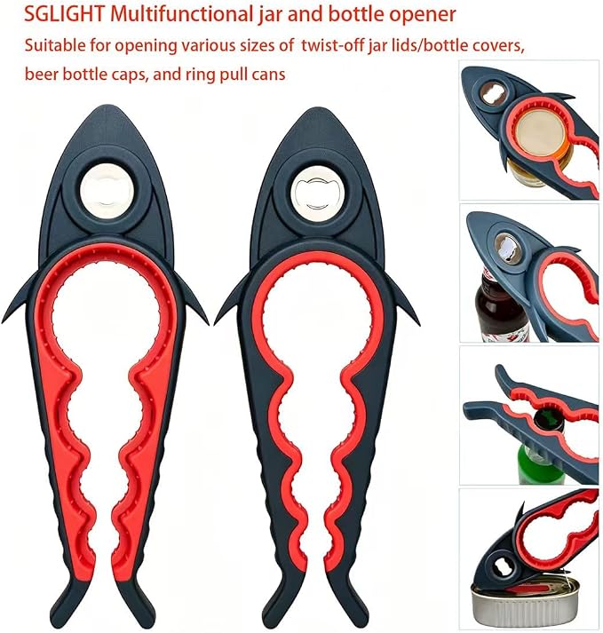 Jar Opener Bottle Opener for Arthritis, 5-in-1 Multifunctional Jar Opener, Easy to Use for Seniors and Weak Hands, Shark Shape Kitchen Gadget for jar, Beer and Bottle (Black and Red)