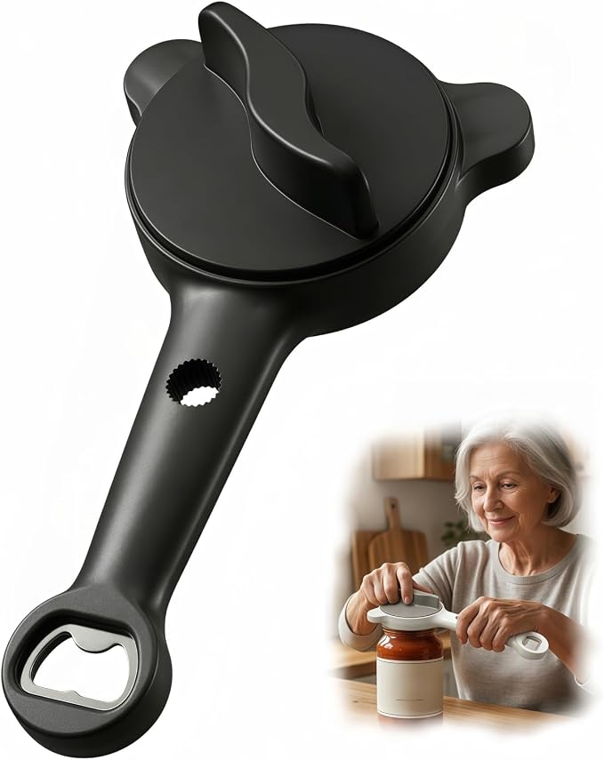 4-in-1 Multifunctional Can Opener & Jar Opener for Seniors - Non-Slip Bottle Opener with Adjustable Stainless Steel Lid Remover, Effortless Opening for Weak Hands, Compact Design for Kitchen (Black)