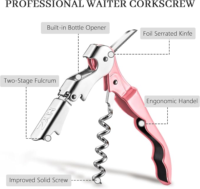 HYZ 2-Pack Wine Opener Waiter Corkscrew, Professional Wine Key for Servers, Bartender with Foil Cutter, Manual Wine Bottle Opener Double Hinged (Pink Mesa)