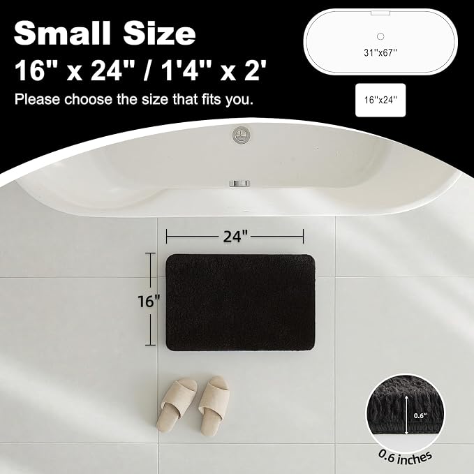 TYUU Black Bathroom Rug, Ultra Soft Bath Rugs Non Slip Washable, Super Absorbent Quick Dry Small Bath Mat with Rubber Backing for Bathroom Floor, Shower, or Sink, Black 16" x 24"