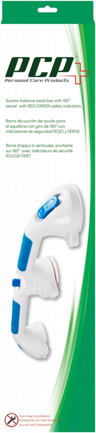PCP Multi-Positional 180° Suction Grip Bathtub & Shower Handle with Color Lock Indicators, White, Blue/White