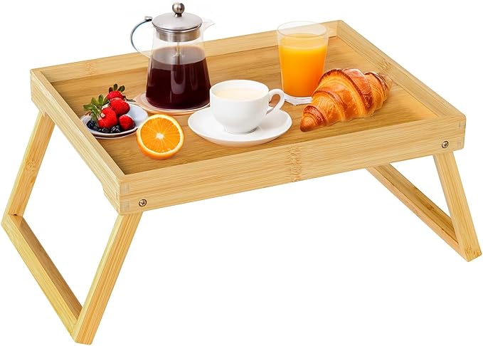 Bamboo Bed Tray Table with Folding Leg, Breakfast in Bed Tray for Eating,TV Table, Laptop Computer,Snack,Sofa or Working, Laptop Desk (1, Beige)
