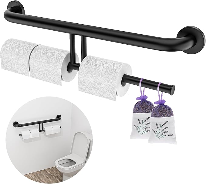 24 Inch Grab Bar w/Double Toilet Paper Roll Holder Black, iHansee Stainless Steel Shower Support Balanced Support Handle, Wall Mounted Safety Handrail Grab Rail for Elderly Senior Handicap Disabled