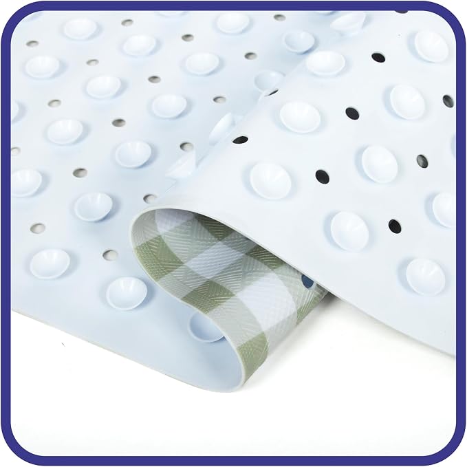 Green Bathtub Mat Non Slip 40x16 Inch Extra Long Bath Mat, Checkered Modern Art Shower Mat, Bath Mat for Tub Anti Slip with Large Drain Holes Suction Cups, Geometric Design Bathroom Mat Green