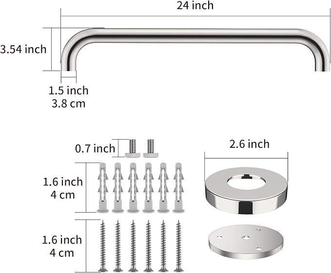 2 Pack 24 Inch Chrome Shower Grab Bar - 1.5" Diameter, ZUEXT Stainless Steel Bathroom Grab Bar Handle, Bathroom Balance Bar, Safety Hand Rail Support, Handicap Injury Elderly Senior Assist Bath Handle