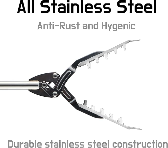 Premium Stainless Steel Reacher Grabber 49" – Heavy-Duty Trash Picker, Fireplace/BBQ Log Tongs, Snake Tongs & Snake Grabber, No-Wire Power Claw, Made in Korea, Outdoor Yard Tool | FTH