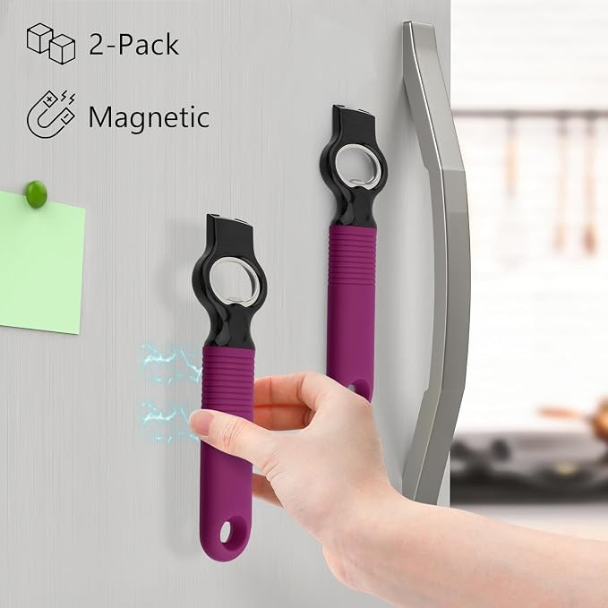 2-Pack Magnetic Beer Bottle Opener & Soda Can Opener, 2-in-1 Bottle Opener and Can Tab Opener Tool for Bartender, Long Nails, Arthritis, Seniors, Silicone Handle with Build in Magnet - Rosy