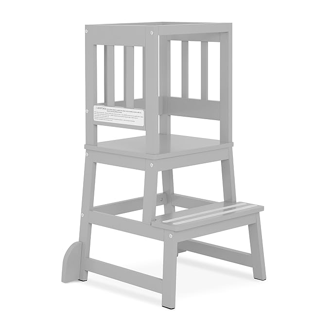 Dream On Me 2-in-1 Funtastic Tower and Step Stool, Toddler Kitchen Helper Tower and Step Stool, Safety Rails, Anti-Skid Pads, Non-Slip Strips & Stabilizer Fins for Safe Counter Activities - Cool Grey