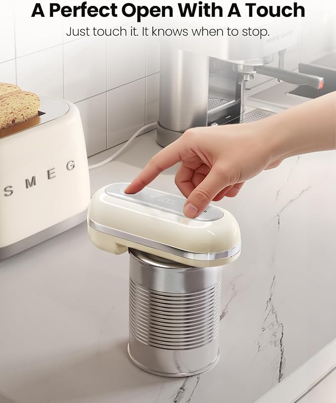 Canslab RETRO Electric Can Opener, Auto-Stop One-Touch Operation, USB Rechargeable with LED Battery Track, Side Cut Smooth Edge Can Opener for Seniors with Arthritis, Wall-Mountable Small Size, Cream