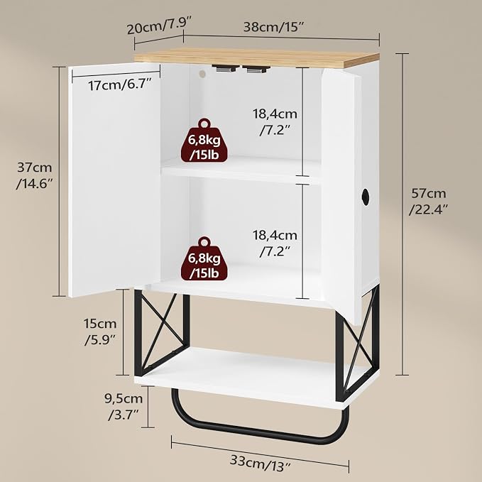 MAHANCRIS Bathroom Wall Cabinet with 2 Door and Adjustable Shelf, Medicine Cabinet with Towel Rack, 3-Tier Wall Mounted Storage Cabinet Over The Toilet for Bathroom Laundry Room, White and Natural