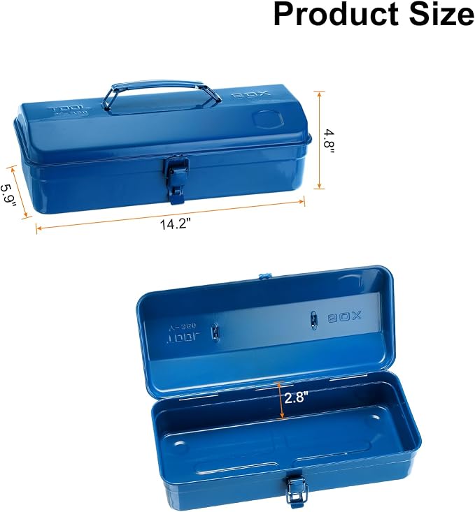 HARFINGTON Tool Box 14.2" Portable Steel Tool Box Hip Roof Style with Metal Latch Closure Tool Chest for Household Workshop Car, Blue