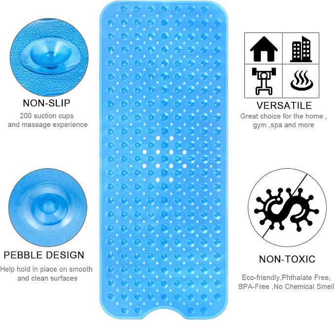 YINENN Bath and Shower Safety Mats 40x16 inch, Non Slip with Suction Cups for Bathroom Stall and Tub Floor, Extra Large and Machine Washable, Drain Holes Keep Bathtub Clean, Blue