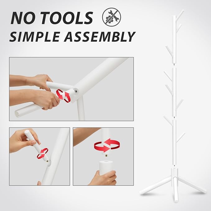 Unisakey Durable Wooden Coat Rack, Freestanding Coat Rack with Stable Triangular Base, 8 Hooks & 3 Adjustable Heights, Simple Assembly for Bedroom, Hallway, Office(New White)