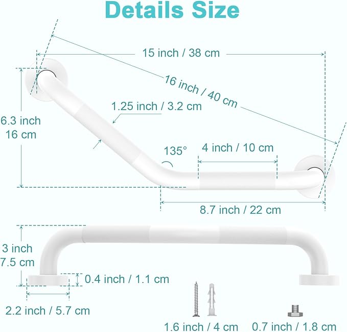 16 Inch Angled Grab Bar 2 Pack, ZUEXT Anti Slip White Shower Grab Bar Handles, Stainless Steel Knurled Bathroom Balance Bar, Safety Hand Rail Support,Handicap Elderly Injury Senior Assist Bath Handle