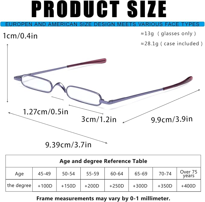 Viseng Slim Mini Metal Reading Glasses Compact Lightweight Portable Readers with Glasses Case for Reading Case Blue+Purple+2.5