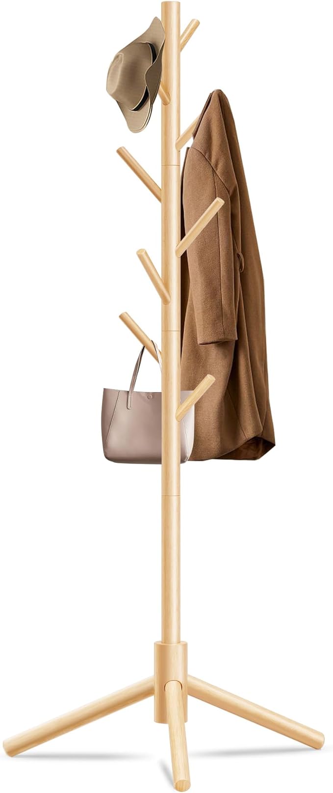 Unisakey Durable Wooden Coat Rack, Freestanding Coat Rack with Stable Triangular Base, 8 Hooks & 3 Adjustable Heights, Simple Assembly for Bedroom, Hallway, Office(New Nature)