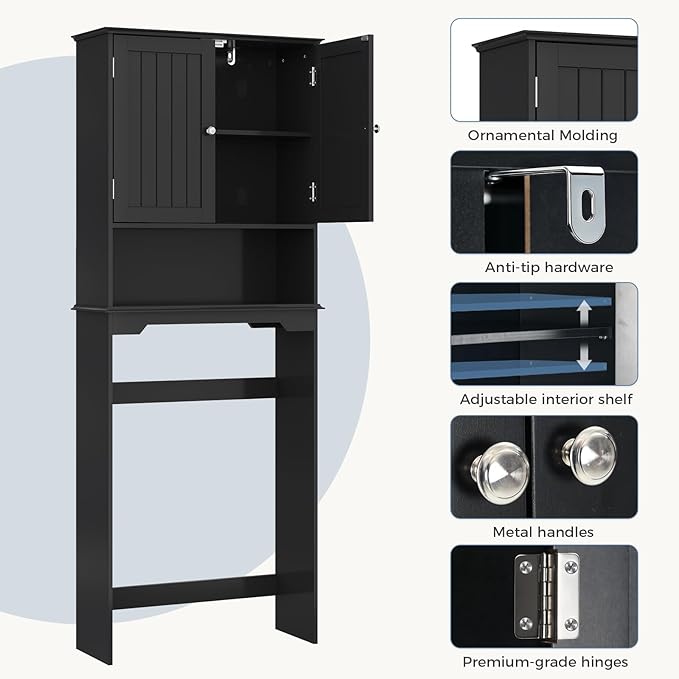 DUMOS Over the Toilet Storage Cabinet, Bathroom Storage Cabinet Over Toilets with Double Doors and Adjustable Shelf, Freestanding Toilet Rack for Bathroom, Black