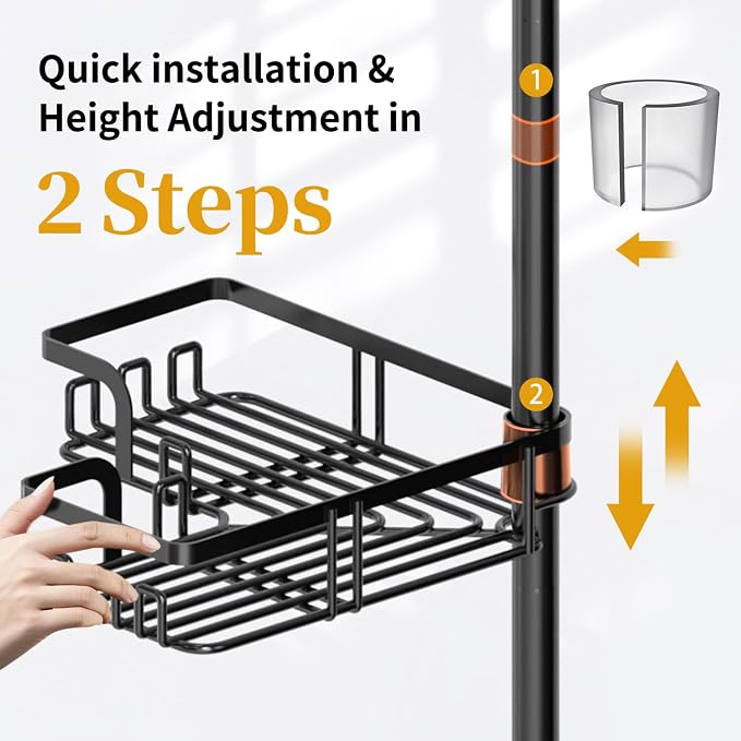 KEGII Adjustable Shower Caddy Corner Tension Pole, Rustproof Shower Rod Organizer with Hooks, Floor to Ceiling Tension Rod 25-114.2 Inch, Bathtub Storage Organizer for Shampoo, 4-Tier Black