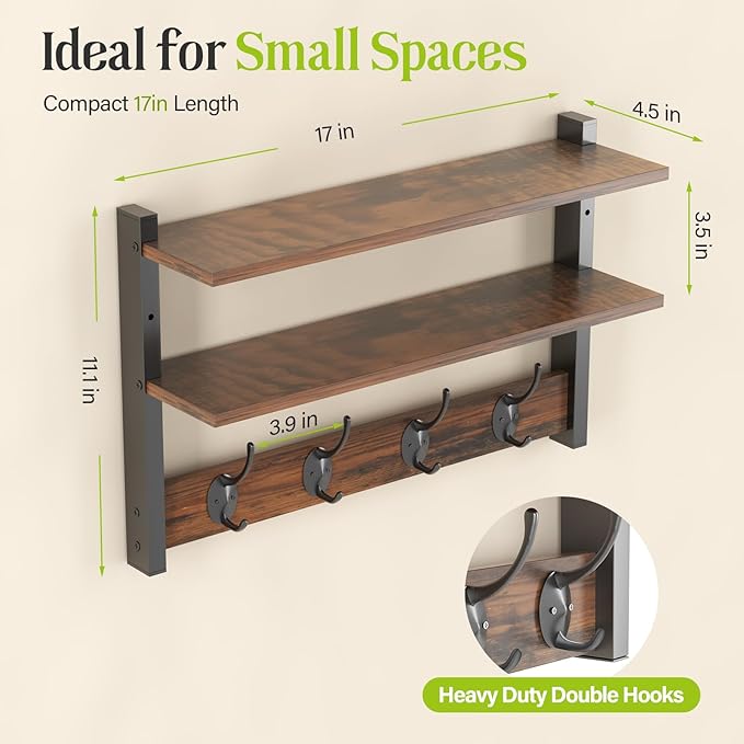 Two-Tier Wall Shelf with Hooks, 17" Coat Rack Wall Mount with Shelf, Key Hooks for Wall with Heavy Duty Double Hooks, Coat Hook Wall Mounted for Bedroom, Living Room, Rustic Brown