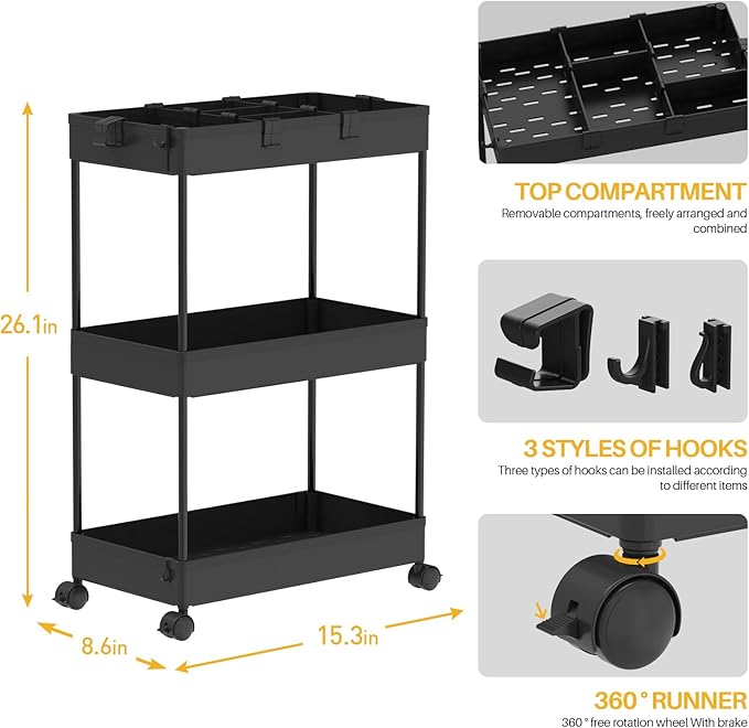 SPACELEAD 3 Tier Rolling Cart with Wheels, Storage Craft Art Trolley Organizer Serving, 3 Hanging Baskets Easy Assembly, for Office, Bathroom，Living Room, Kitchen, Black