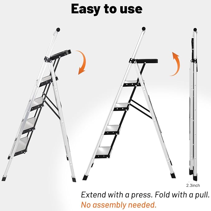 4 Step Ladder with Tool Tray - 600lbs Heavy Duty Lightweight Step Stool with Extended Handrails, Work Platform for Home Maintenance & DIY Projects