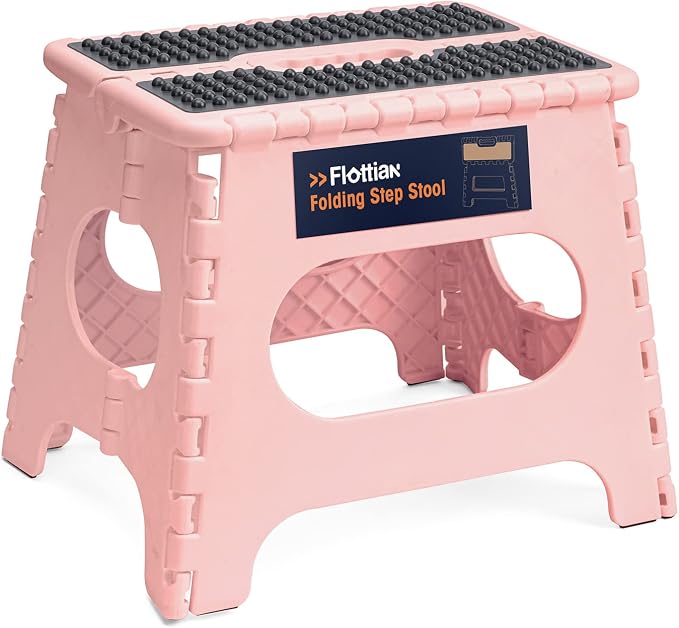 Flottian 11" Folding Step Stool for Adults and Kids Holds Up to 300 lbs,Non-Slip Folding Stools with Portable Handle, Compact Plastic Foldable Step Stool for Bathroom,Bedroom, Kitchen Sakura Pink