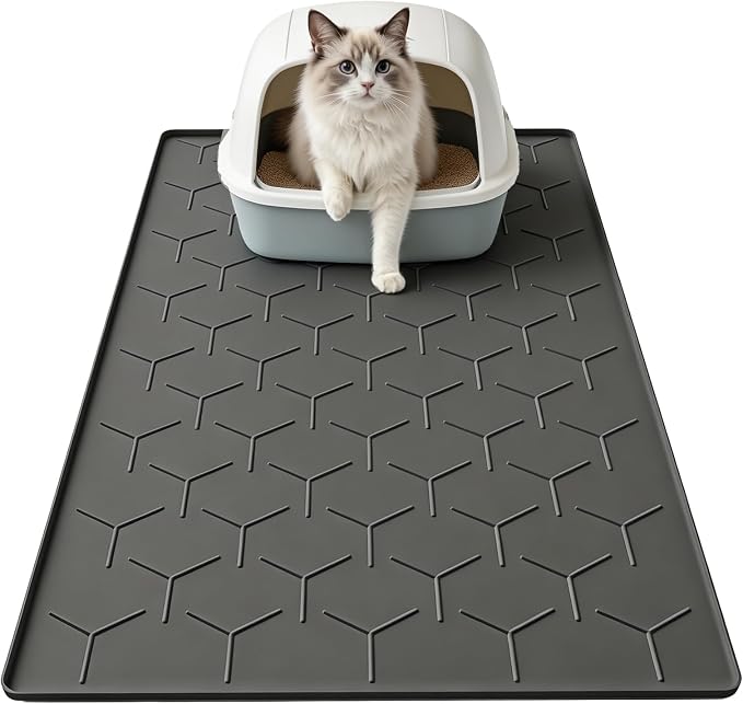 Garoopion Silicone Cat Litter Trapping Mat, Large Waterproof 34.05×22.5 inch Cat Litter Box Mat, Easy to Clean, Black