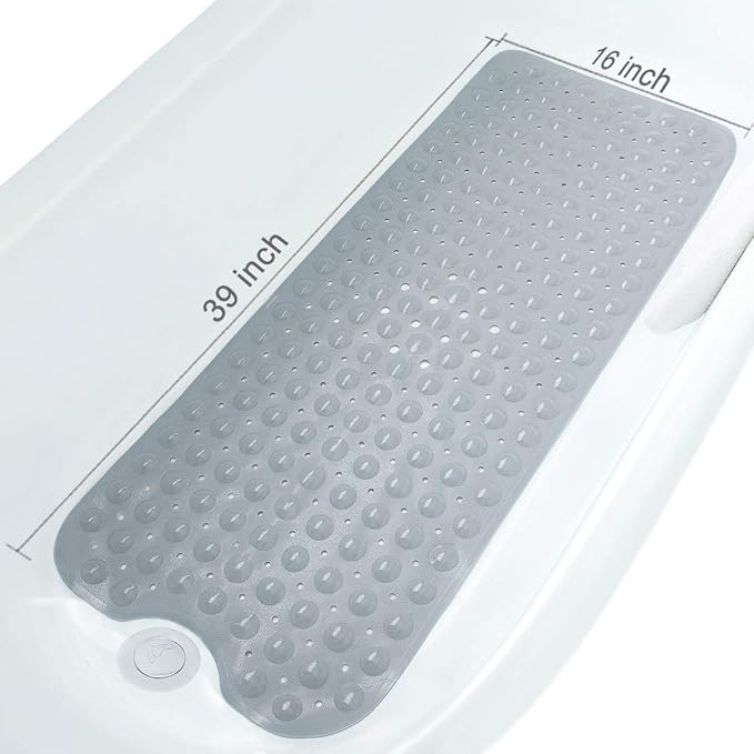 Bathtub Mats for Shower Tub Non-Slip Bath Mat 39 x 16 Inch Extra Long Shower Mat, Bath Tub Mat for Bathroom with Machine Washable, BPA Free for Kids (Gray)