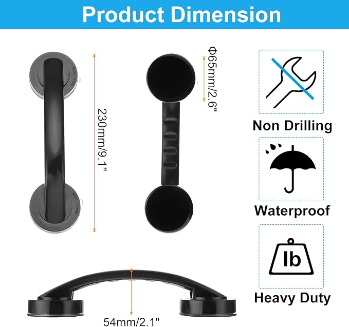 uxcell Grab Bars for Bathtubs and Showers, 9.1" Mirror Glass Door and Window Handles Powerful Shower Suction Cup Anti-Slip Safety Bars for Senior Shower Chairs Black