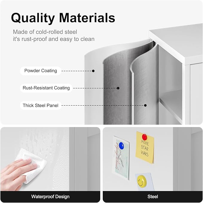 Bevivog Tall Bathroom Storage Cabinets, Slim Metal Cabinet with Open Shelf, Glass Display Door Freestanding Narrow Storage Organizers for Small Spaces, White Skinny Cabinets for Pantry, Living Room