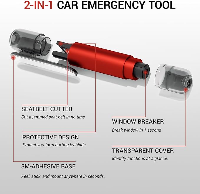 4 Pack Window Breaker Seatbelt Cutter, 2-in-1 Car Window Breaker Tool, Safe Hammer Glass Breaker and Seat Belt Cutter Underwater, Emergency Escape Tool with Test Glass for Automotive Accidents, Red