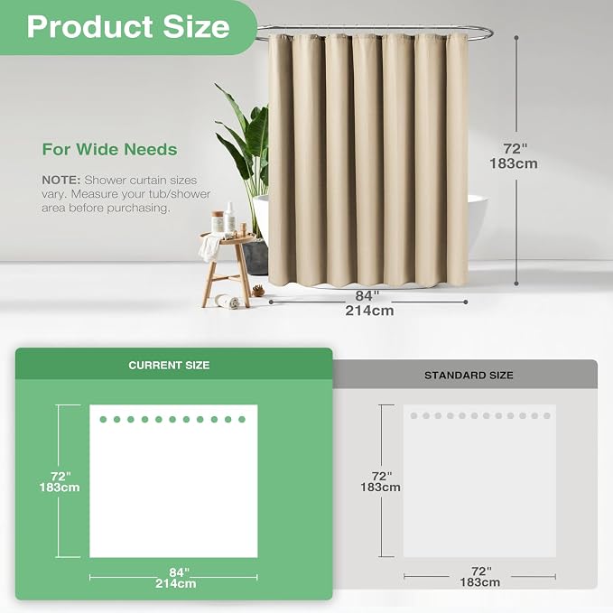 Dynamene Extra Wide Shower Curtain - 84 Inch Wide Waffle Weave Weighted Thick Cloth Bathroom Shower Curtain, Neutral Heavy Duty Hotel Bath Curtain Set with 14 Plastic Hooks, 84x72, Beige/Khaki