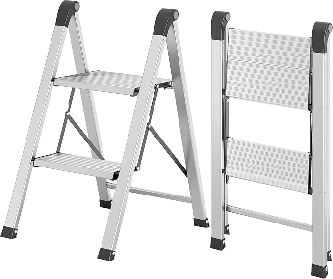 KINGRACK Aluminum Step Ladder, 2 Step Ladder Folding Design, Step Stool Foldable with Safe Grip, Non-Slip Handrails, Safety Lock, Heavy Duty 330LBS for Home, Kitchen, Garage, RV, Sliver