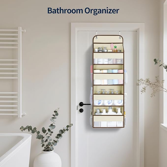 Yecaye Over The Door Organizer, Heavy Duty Hanging Organizers and Storage with 4 Large Capacity Pockets, Swing-Proof Behind The Door Storage for Bathroom Nursery Bedroom Dorm Closet, Beige,1Pc