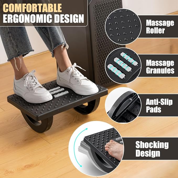 CasaZenith Foot Rest for Under Desk at Work - Ergonomic Foot Stools for Under Office Desk - Rocking Footrest with Roller Massager - Leg Rest for Chair, Computer Gaming -13" L x 9.6" W x 5" H