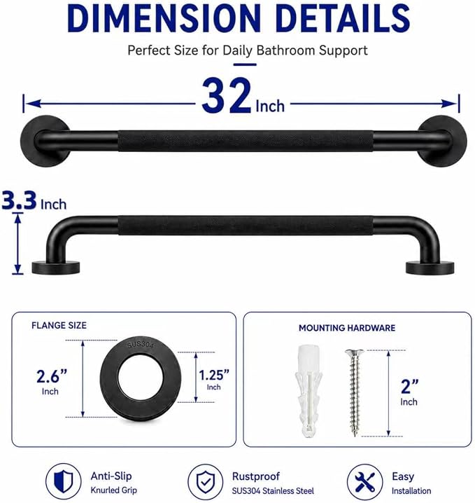 32 Inch Shower Grab Bar, Black Anti-Slip Bathroom Grab Bar with Knurled Grip, Stainless Steel Safety Handrail for Toilet Bathtub, Shower Handle Handicap Bars for Senior, Elderly, Pregnant