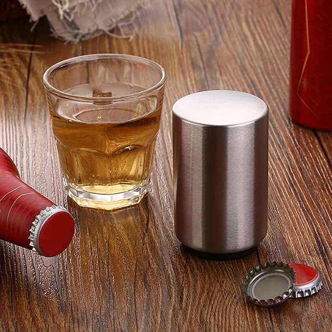 AKOAK 1 Pack Creative Stainless Steel Push-type Beer/Wine Bottle Opener Bar Household Automatic Convenient Cap Opener - Easy to Open a Variety of Bottles,Silver