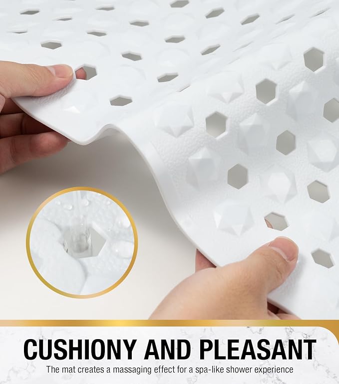 HITSLAM Non Slip Shower Stall Mat with Center Drain Hole, Diamond Textured PVC Bath Mat for Inside Shower, Machine Washable, Strong Suction Cups for Bathroom Bathtub Mat, 24x24 Inch, White