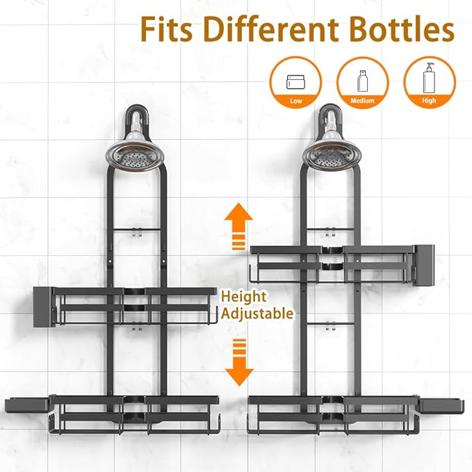 Shower Caddy Hanging for Handheld Showerhead - Rustproof Shower Organizer, 2-Tier No-Drill Over Showerhead Bathroom Shelf with Soap & Toothbrush Holder, Black