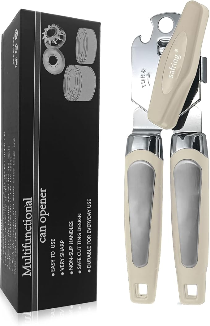 Safring Can Opener Manual, Handheld Strong Heavy Duty Stainless Steel Can Opener, Comfortable Handle, Sharp Blade Smooth Edge, Can Openers with Multifunctional Bottle Opener, Beige