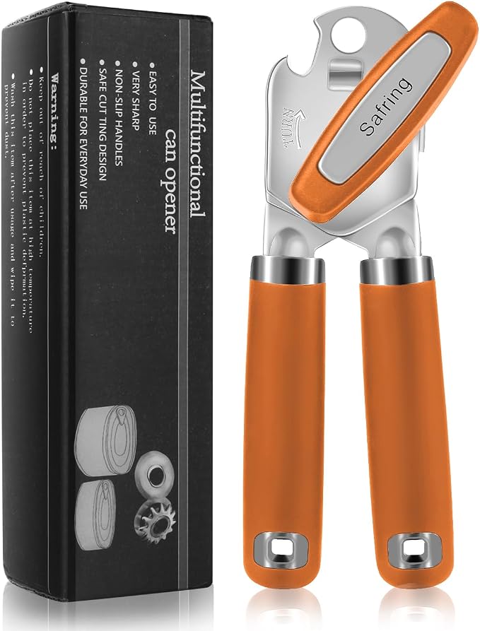 Safring Can Opener Manual, Heavy Duty Handheld Strong Can Opener with Soft Touch Handle, Sharp Blade Smooth Edge, Can Openers with Multifunctional Bottle Opener, Orange