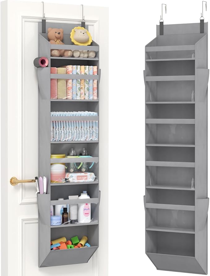 Lifewit 1 Pack Over the Door Organizer, 6 Section Clear Window Hanging Storage with 4 Side Pockets, Sturdy Anti Tilt 40 lbs Load Behind Door for Closet, Bedroom, Bathroom, Nursery, Dorm, Gray