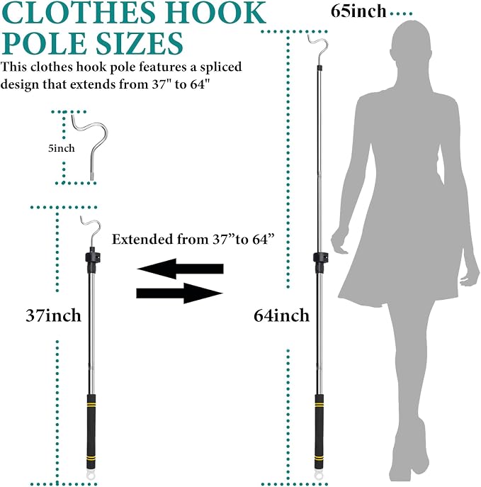 Clothes Hanger Reaching Hook Telescopic Adjustment clothes hook pole Light and can Extend from 37" to 65" with 4.7 "Hook and Sponge Handle.