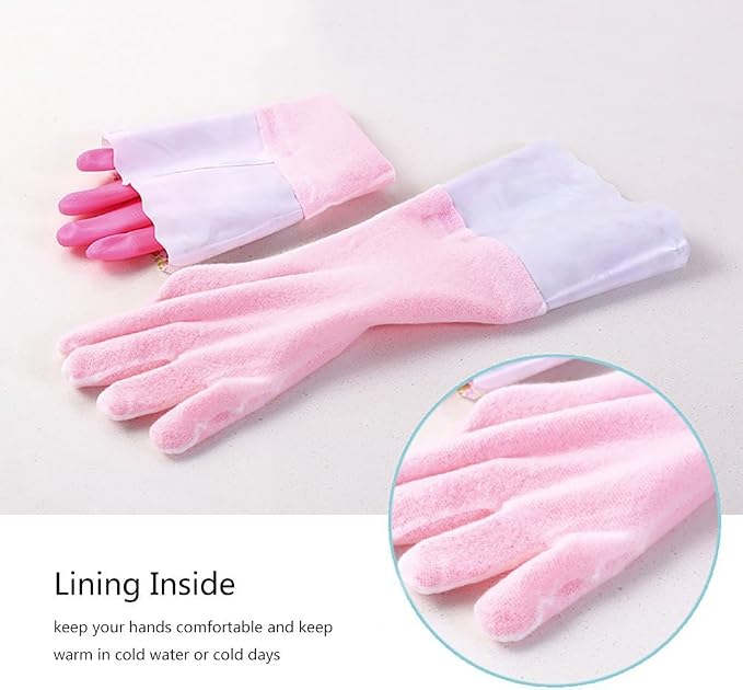 Household Gloves Latex Free Cleaning Grey and Yellow Gloves with Soft Lining Long Cuff 15" & Grip (2 Pair), Medium
